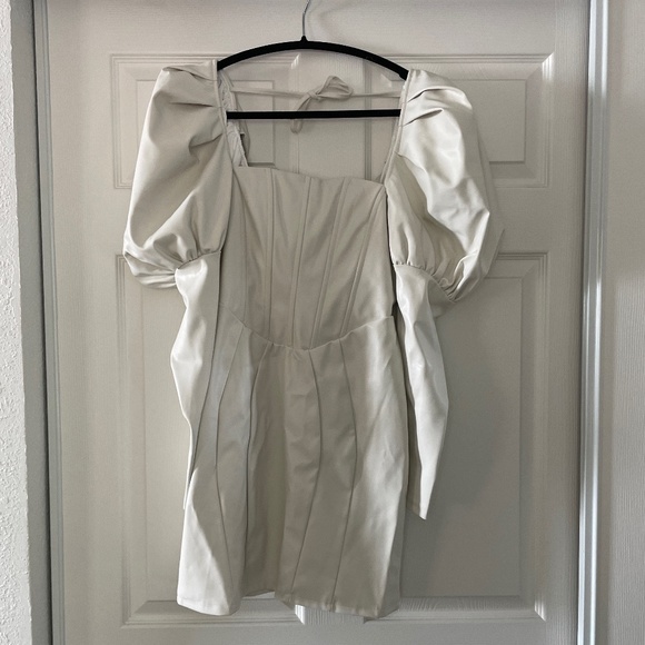 Club L London Karyme Off White Faux Leather puff sleeve mini dress - Picture 3 of 5